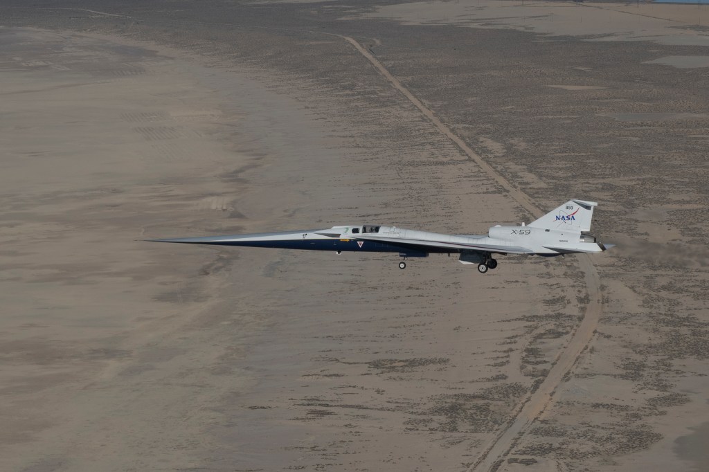 X-59 in flight above Palmdale and Edwards, CA.