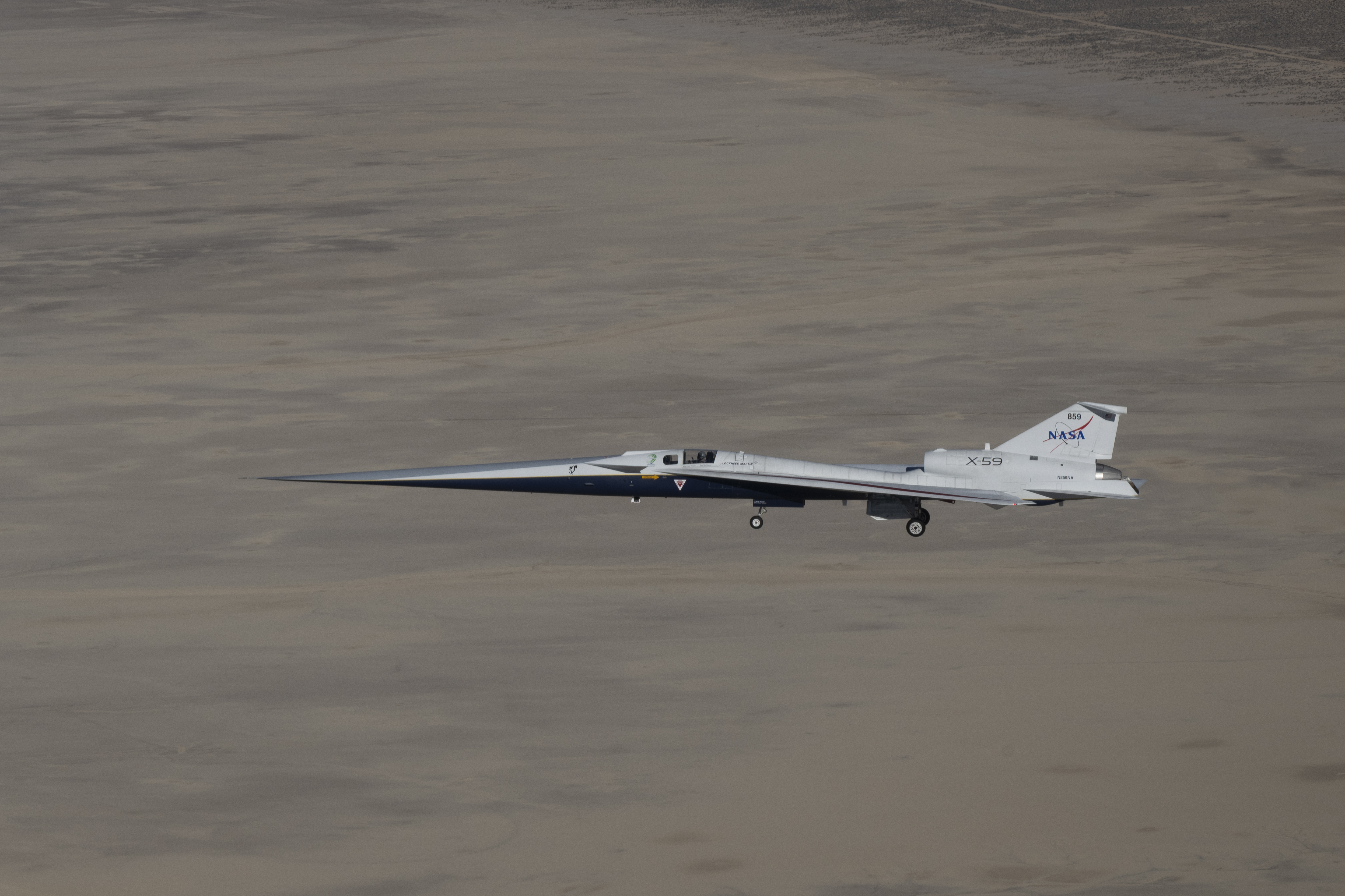 X-59 in flight above Palmdale and Edwards, CA.