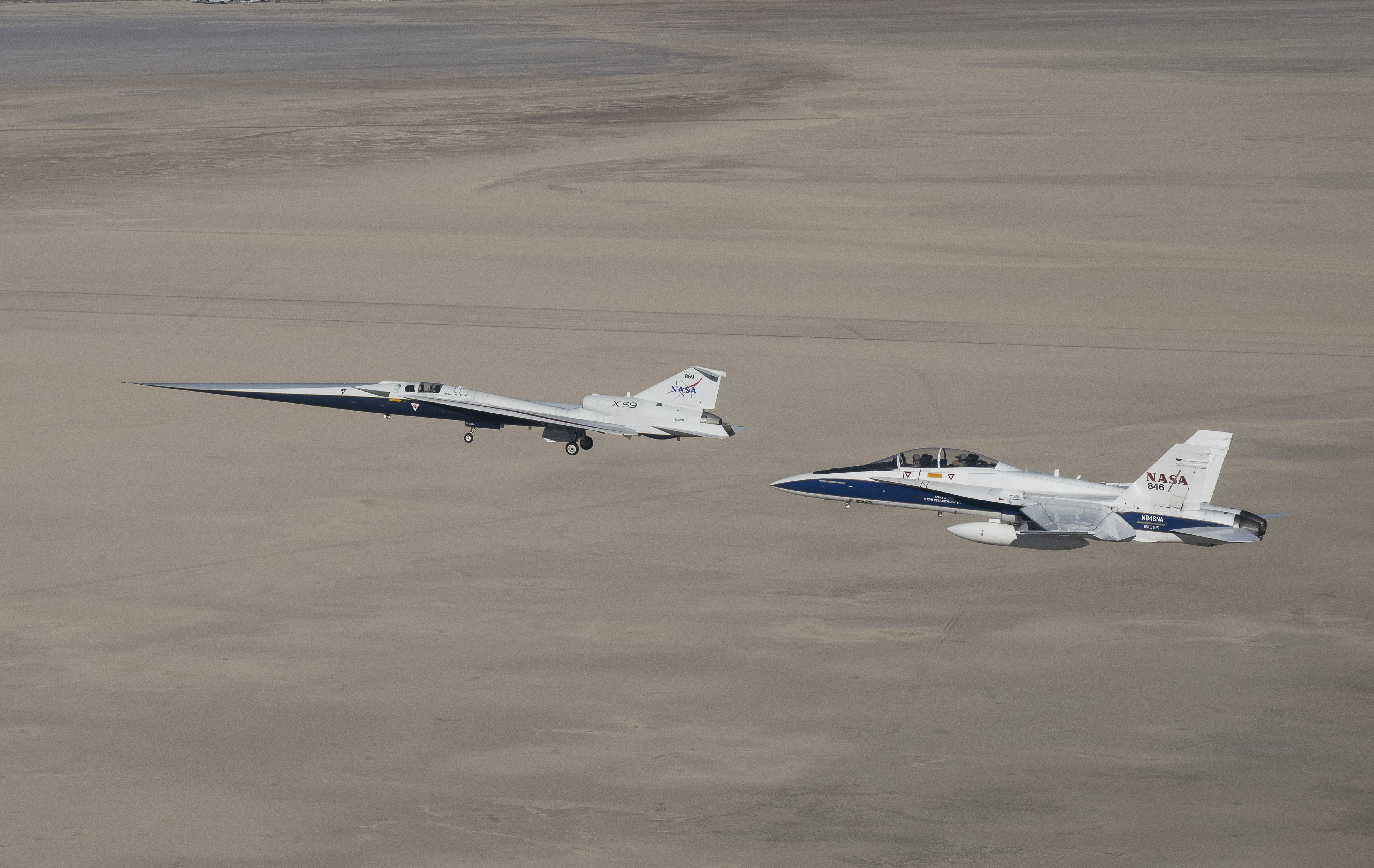 X-59 in flight with the F/A-18 aircraft.