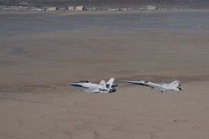 X-59 in flight with the F/A-18 aircraft.