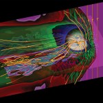 Contours of the magnetic field strength of Earth’s magnetosphere, showing magnetic field lines. This image is taken from a simulation run using the ANGIE3D space simulation code, which was modified and optimized by the HECC Application Performance and Productivity team.