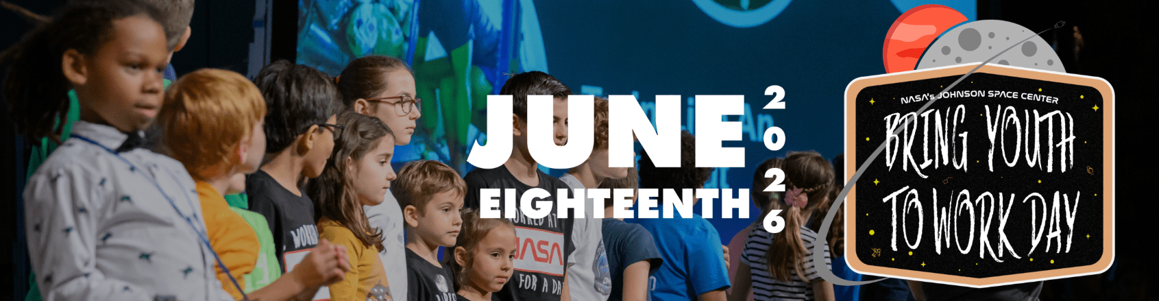 Decorative graphic for NASA JSC Bring Youth to Work Day on June 18, 2026.