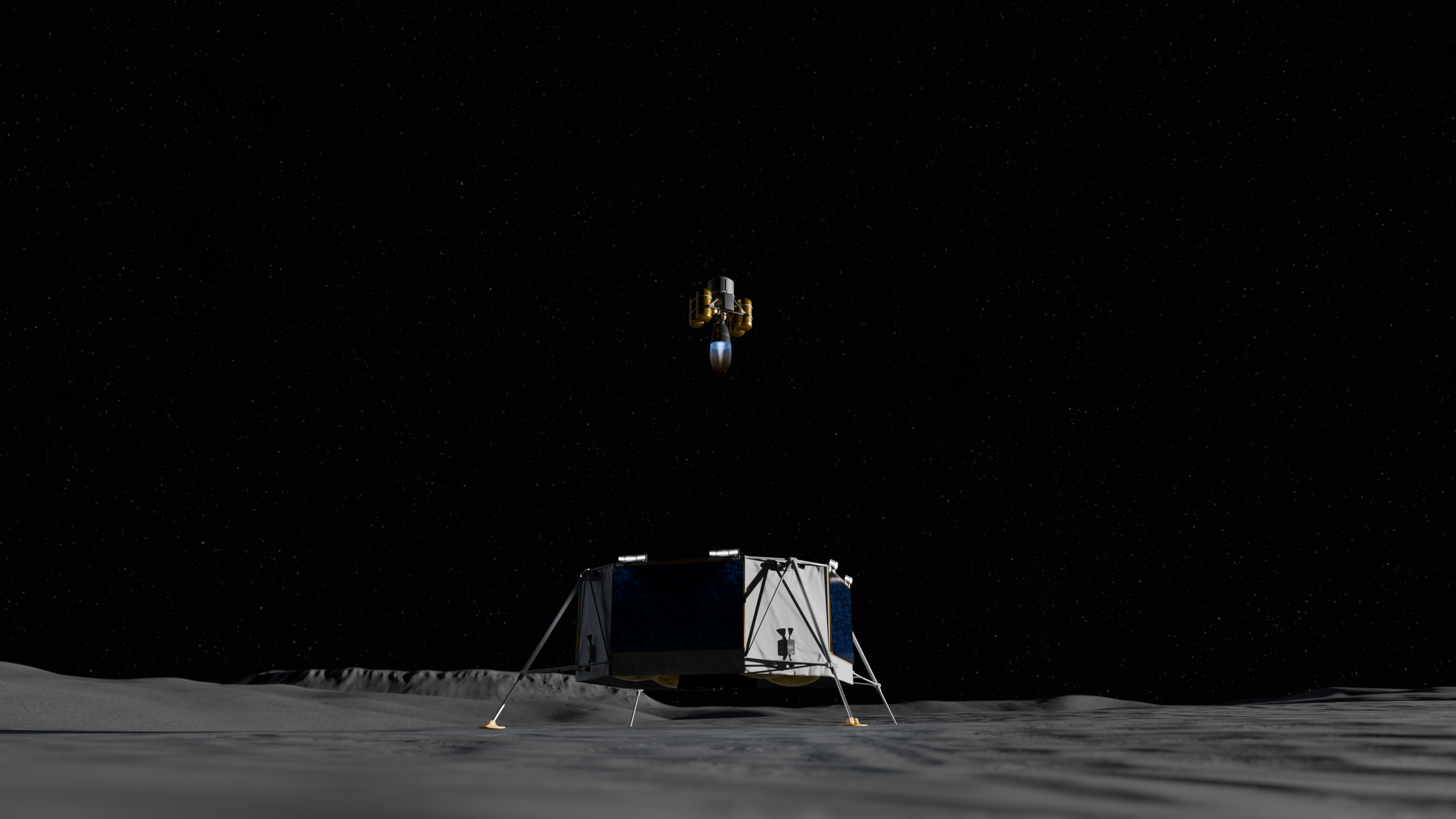 Artist’s rendering of a small uncrewed launch vehicle ascending from the Moon’s surface. The vehicle is shown lifting off vertically with an engine plume visible below it.