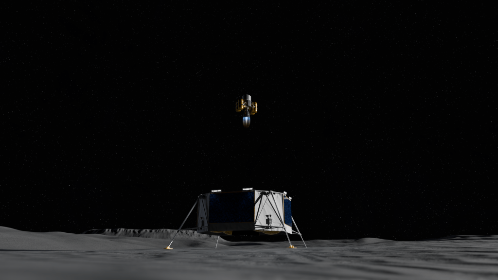 Artist’s rendering of a small uncrewed launch vehicle ascending from the Moon’s surface. The vehicle is shown lifting off vertically with an engine plume visible below it.