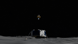 Artist’s rendering of a small uncrewed launch vehicle ascending from the Moon’s surface. The vehicle is shown lifting off vertically with an engine plume visible below it.