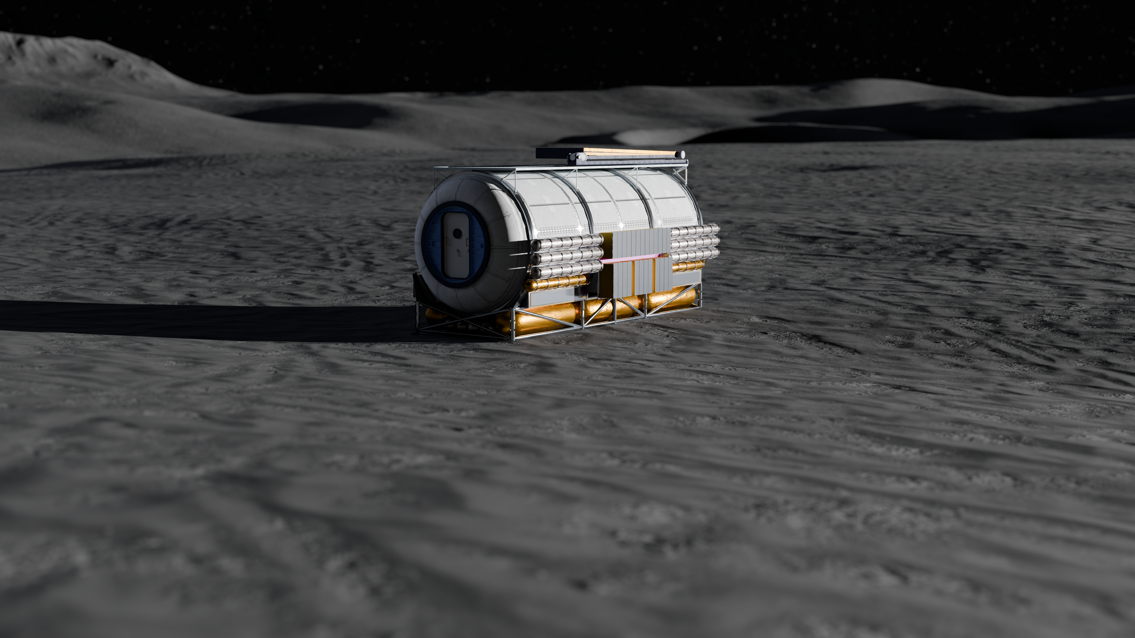 Artist’s rendering of a cylindrical lunar habitat positioned on the Moon’s surface beneath a dark sky. The habitat includes an airlock-style entry door.
