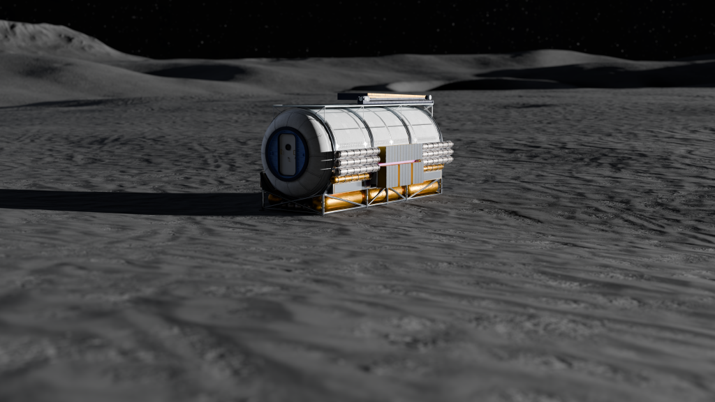 Artist’s rendering of a cylindrical lunar habitat positioned on the Moon’s surface beneath a dark sky. The habitat includes an airlock-style entry door.
