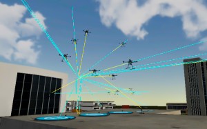 In a screengrab from a video, about a dozen drones are seen maneuvering over a city building, their paths shown with blue or yellow lines.