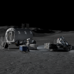 Artist’s rendering of two astronauts conducting logistics activities on the Moon near a cylindrical lunar habitat. One astronaut unloads cargo containers beside the habitat while another drives a small lunar rover.