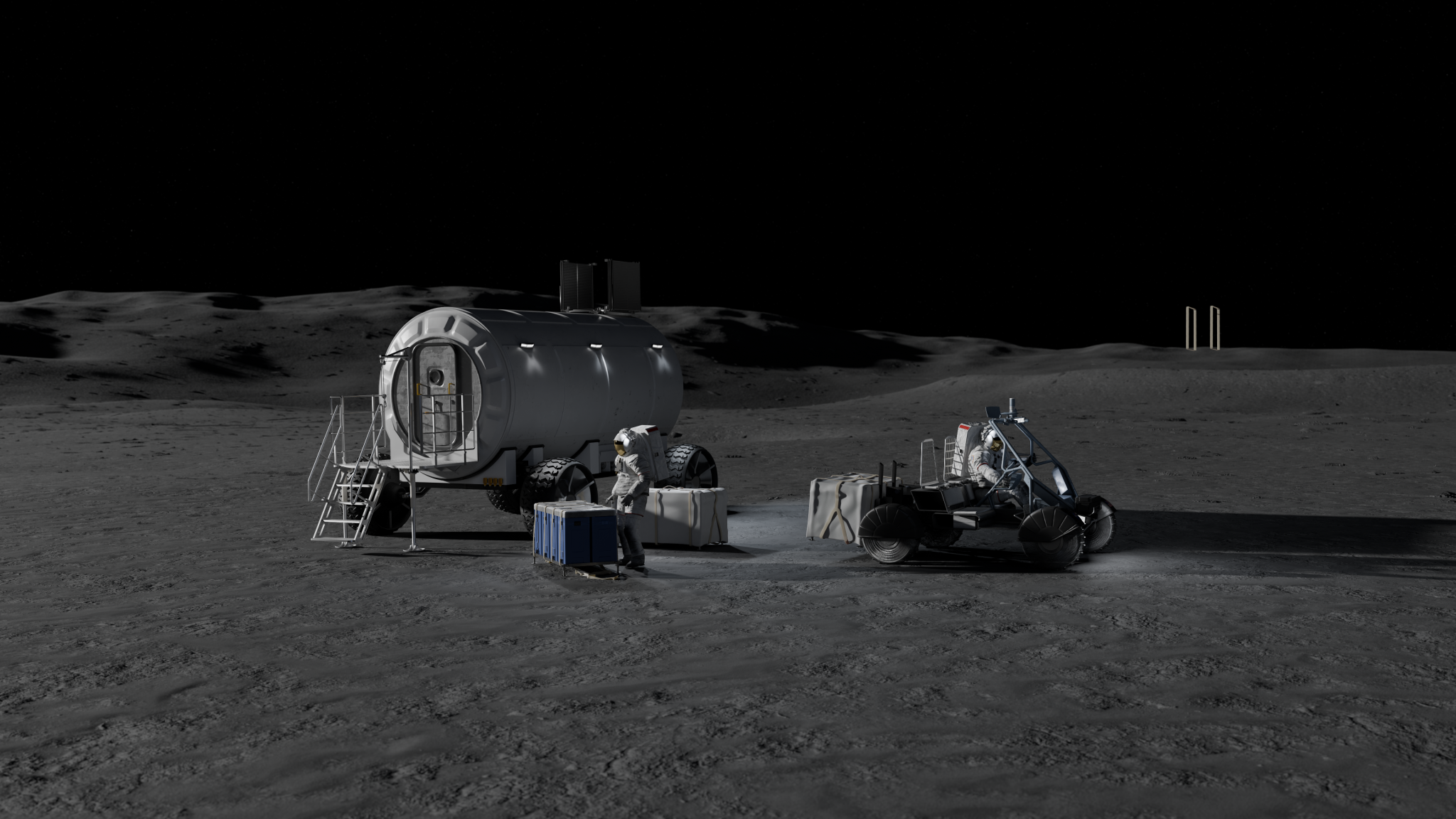 Artist’s rendering of two astronauts conducting logistics activities on the Moon near a cylindrical lunar habitat. One astronaut unloads cargo containers beside the habitat while another drives a small lunar rover.