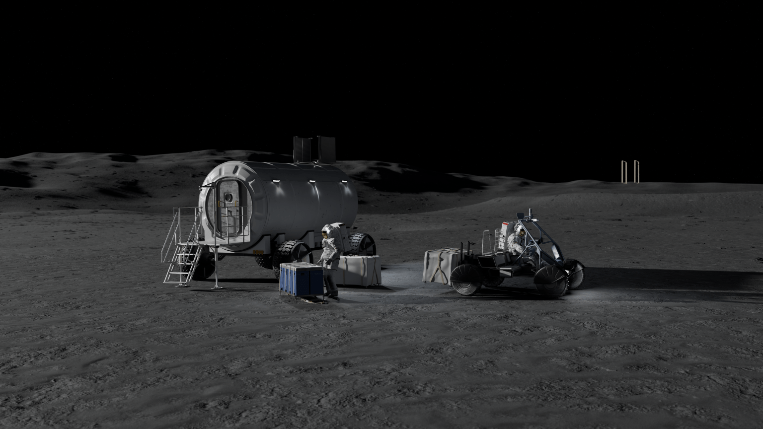 Artist’s rendering of astronauts conducting conceptual logistics activities on the Moon. One astronaut unloads cargo containers while another drives a lunar rover across the surface.