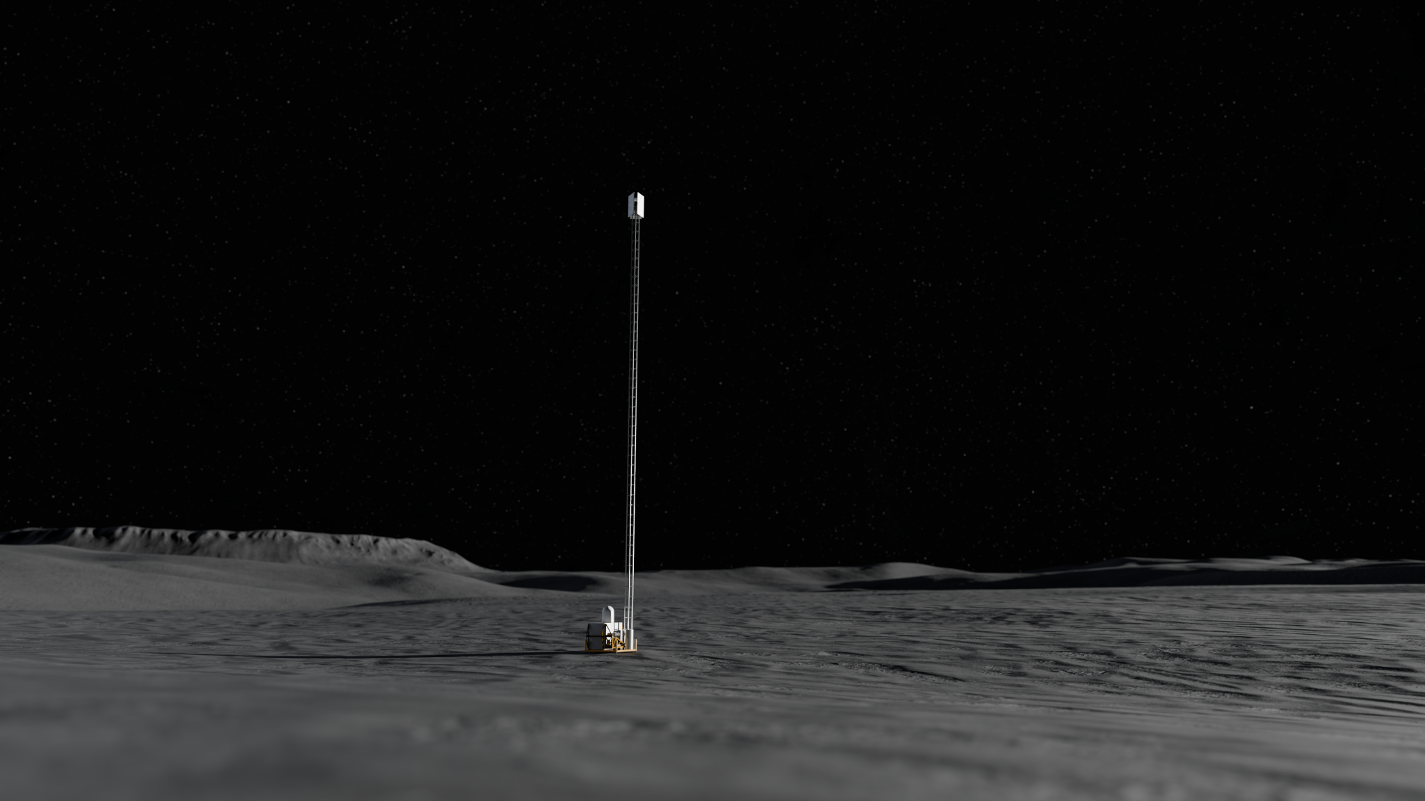 Artist’s rendering of a tall communications tower deployed on the lunar surface.