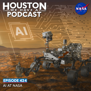 Houston We Have a Podcast Episode 424: AI at NASA A computer chip labelled "AI" is transposed over the Perseverance rover on Mars.