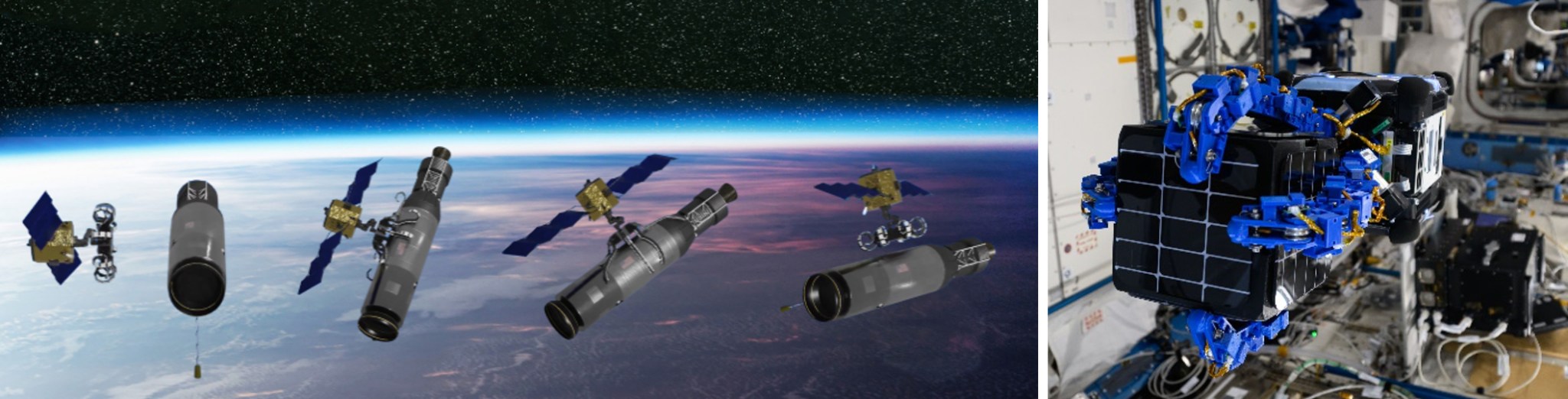 illustartion of a row of of spacecraft and a photo of some hardware
