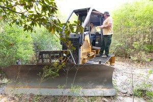 A black and yellow bulldozer sits on a dirt path, inside of a green forest, facing towards the camera. A woman in a white shirt and blue jeans sits in the cab, while a man in green pants and a tan shirt stands on the tread.
