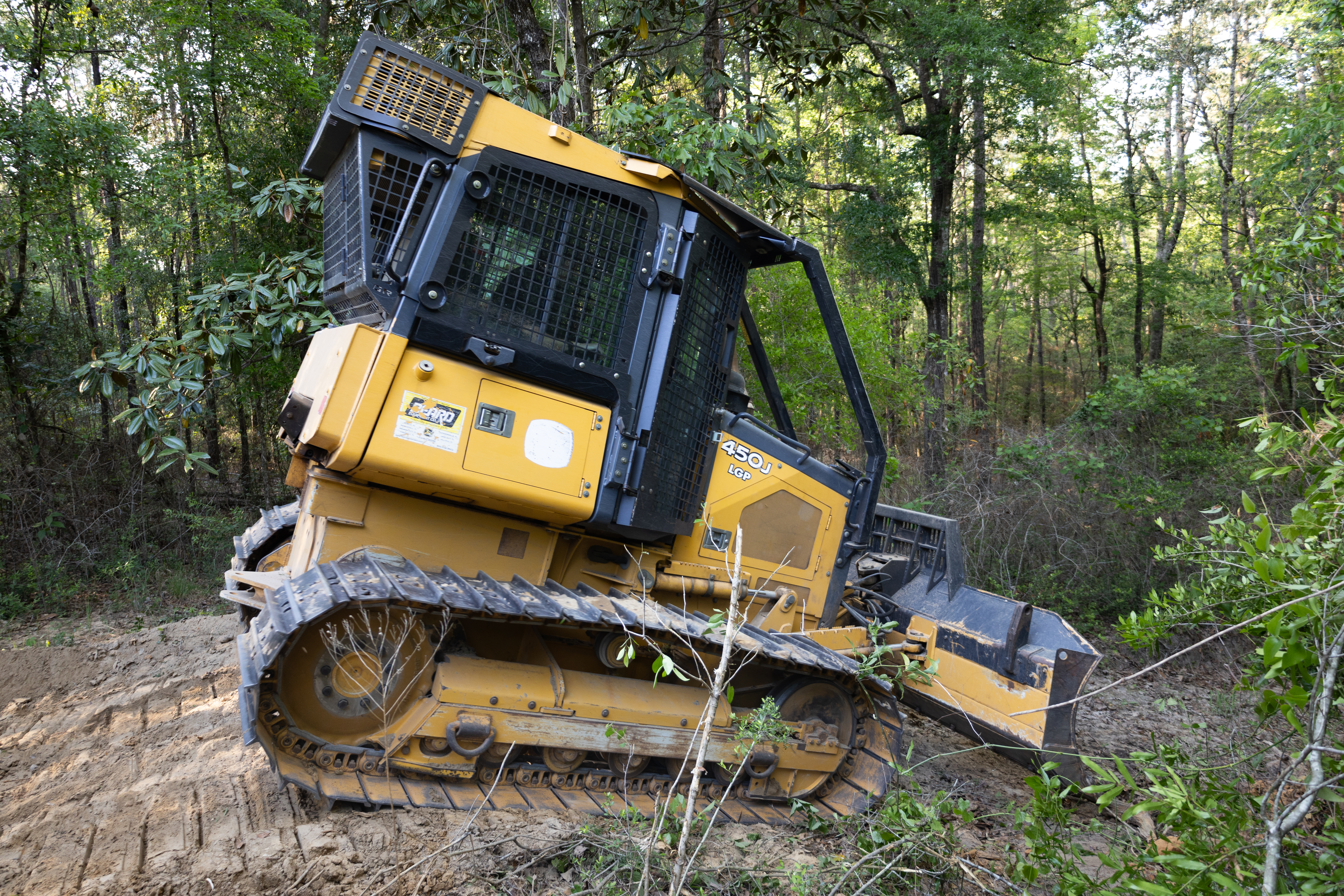 A black and yellow bulldozer sits on a dirt path, inside of a green forest. The dozer is facing from towards the right of the frame.