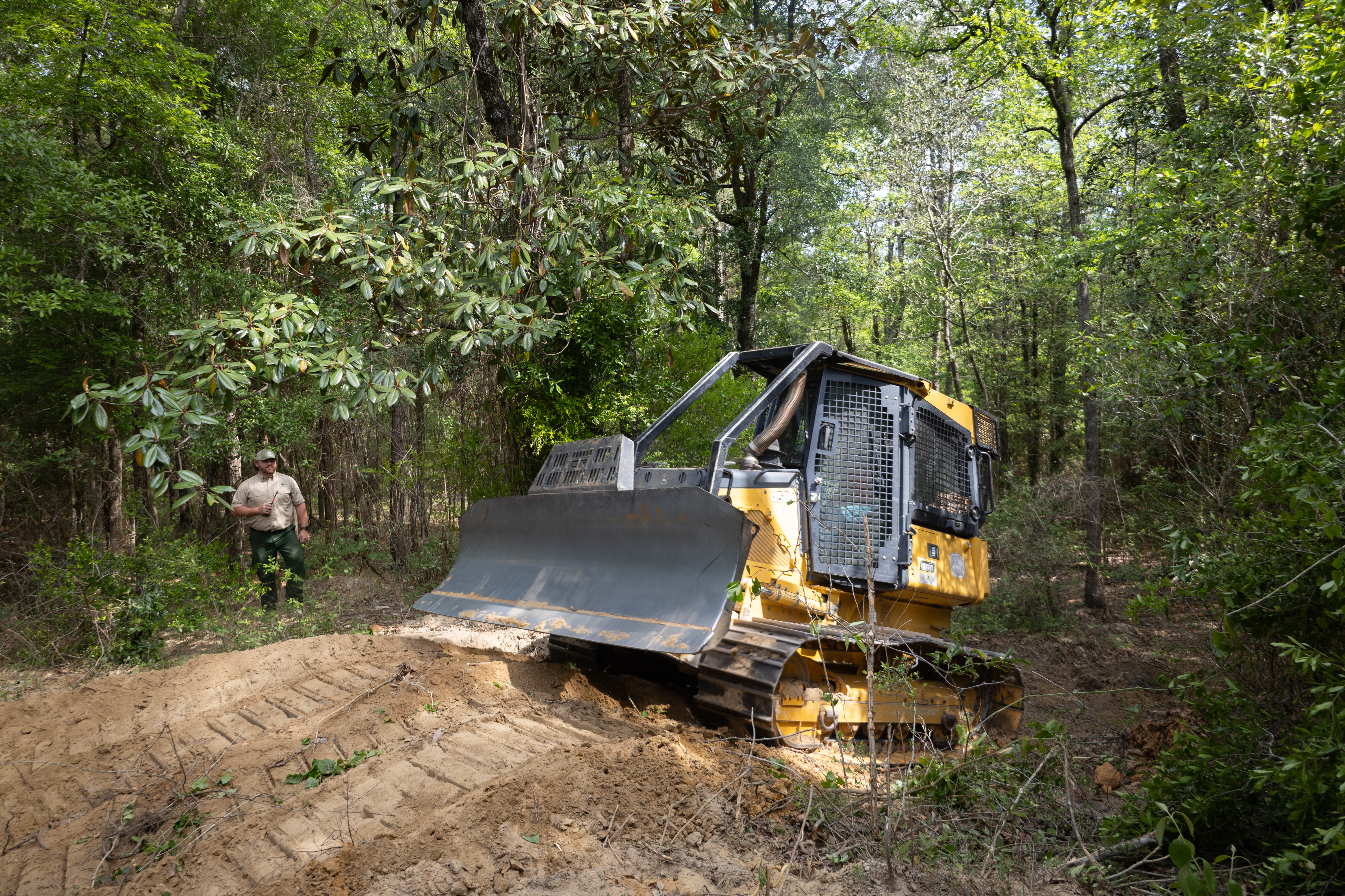 A yellow and black bulldozer climbs a small dirt hill in a forest of tall green trees, driving from the left of the frame to the right. Past the bulldozer, a man in a tan shirt and green pants stands in the trees, holding a radio.