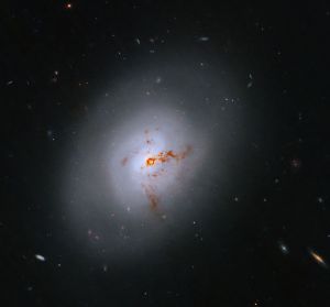 This Hubble image is of a bright lenticular galaxy (NGC 1266) seen nearly face on. Broad bright and dimmer areas of light hint at spiral structure, but there are no distinct spiral arms. Rusty-reddish-brown dust bisects the galaxy. More distant galaxies dot the black background, some even shining through the less dense regions of the bright foreground lenticular galaxy.