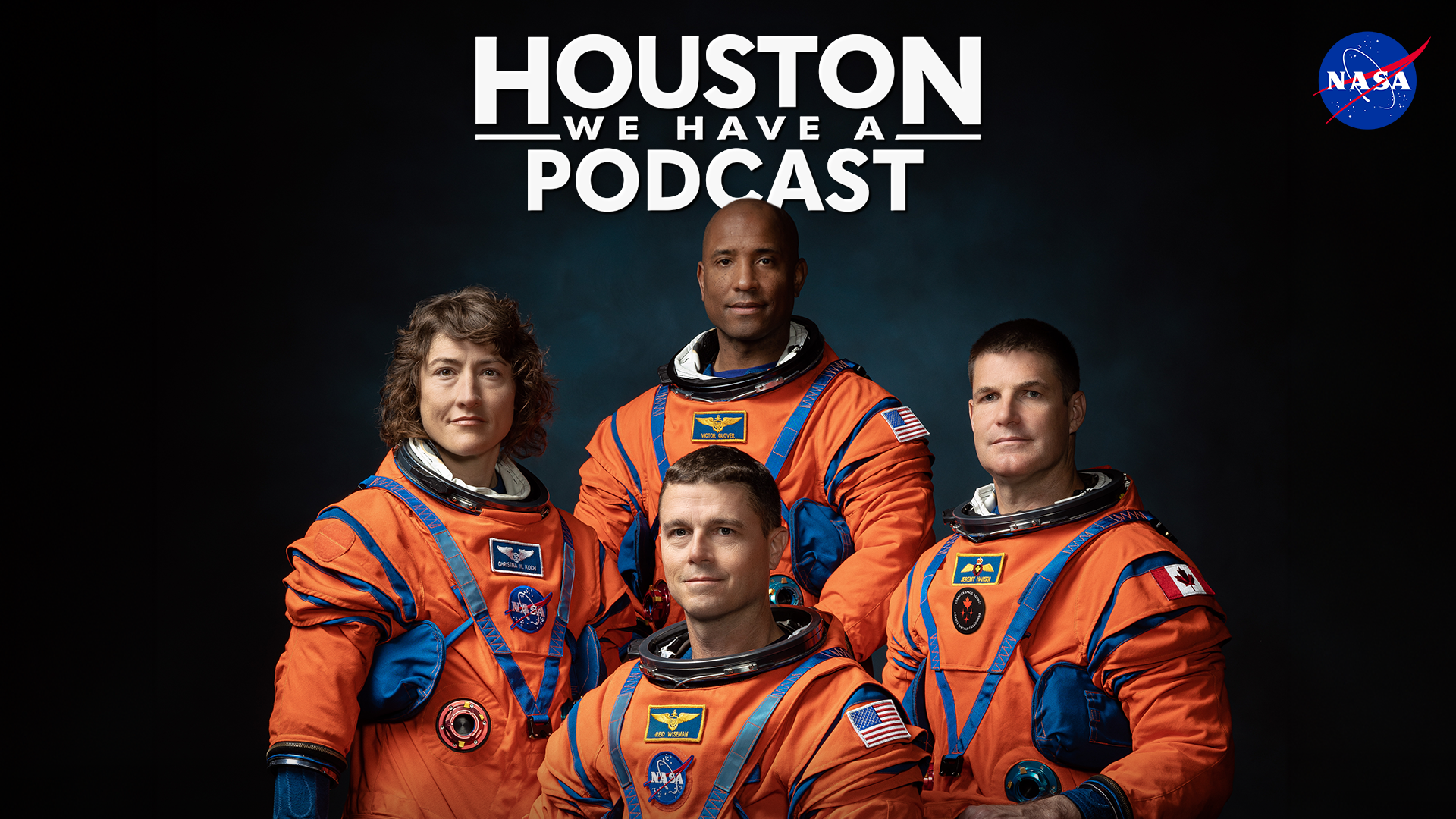 HWHAP Ep. 420. The Artemis II Crew poses together in their orange space suits for their official crew portrait.