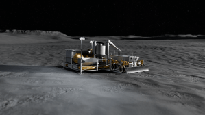 Artist’s rendering of a lunar surface resource processing system operating on the Moon. The system includes processing tanks, robotic equipment, and a small excavation vehicle designed to collect and process lunar soil, known as regolith, into usable materials for future exploration activities.