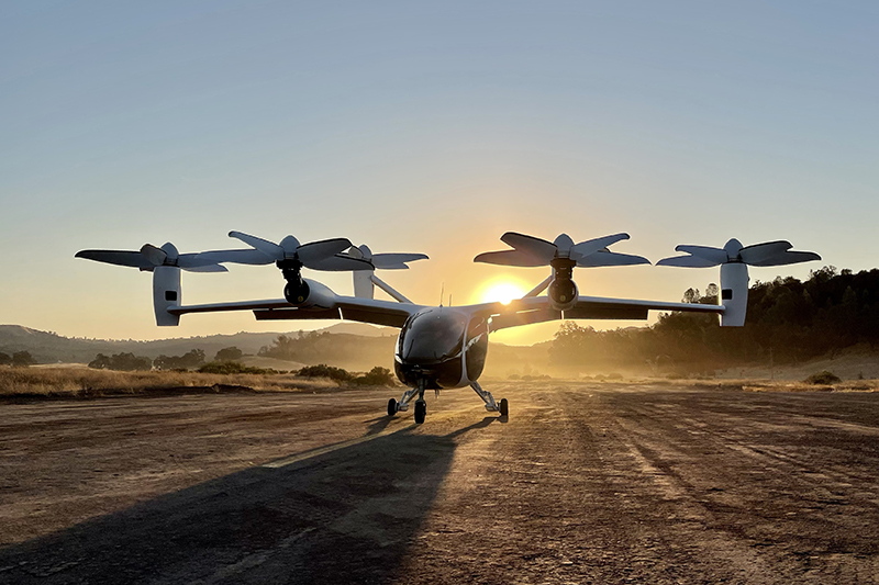 Joby eVTOL aircraft parked at sunrise.