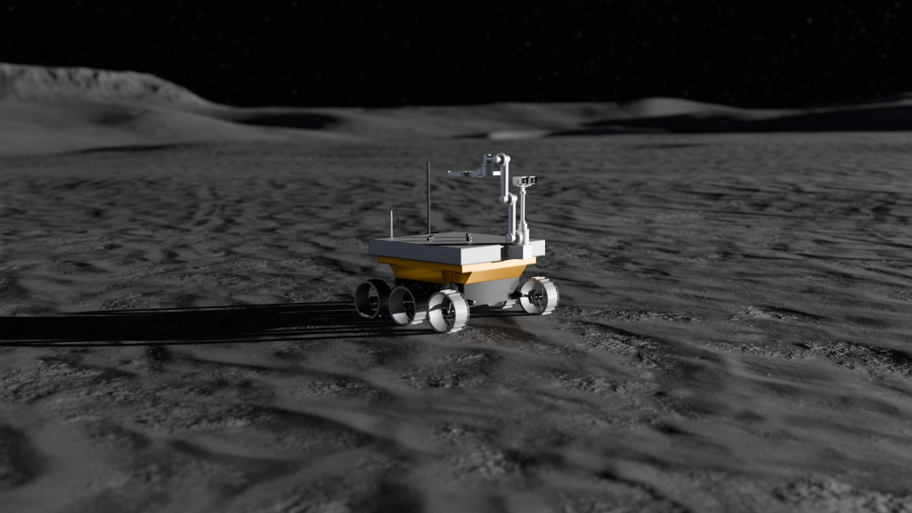 Artist’s rendering of a small robotic logistics rover driving across the lunar surface.