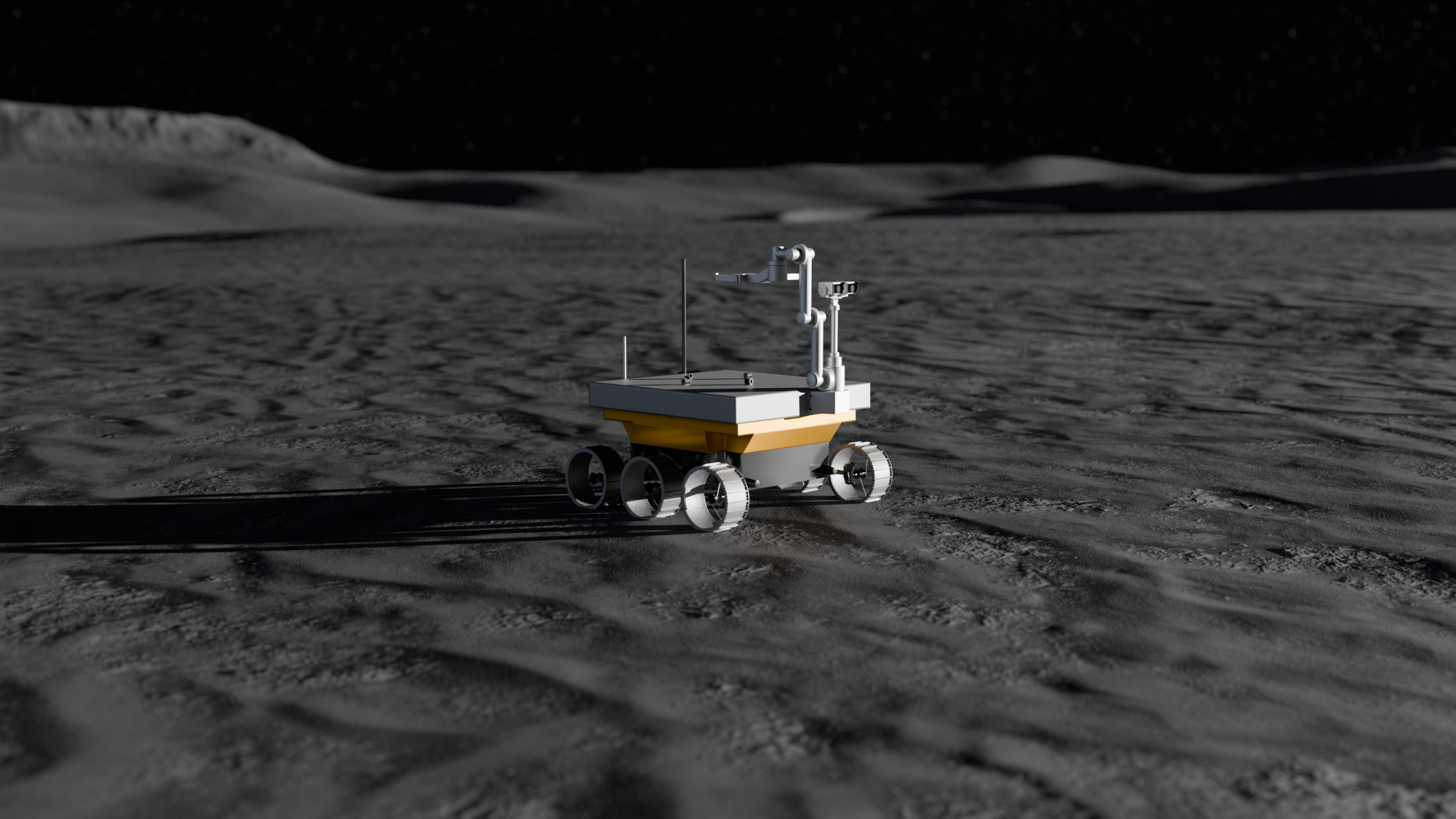 Artist’s rendering of a small robotic logistics rover driving across the lunar surface.