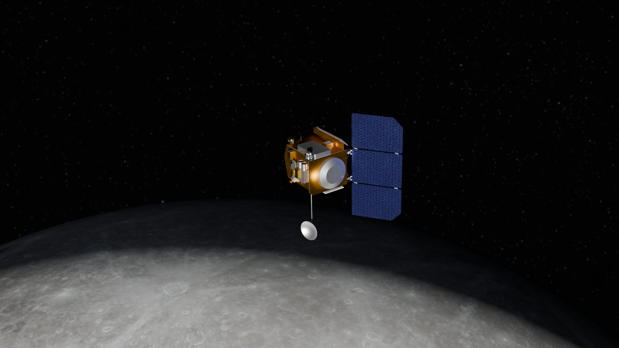 Artist’s rendering of a small satellite orbiting above the Moon with a communications antenna. The spacecraft is shown flying over the lunar surface against a dark background.