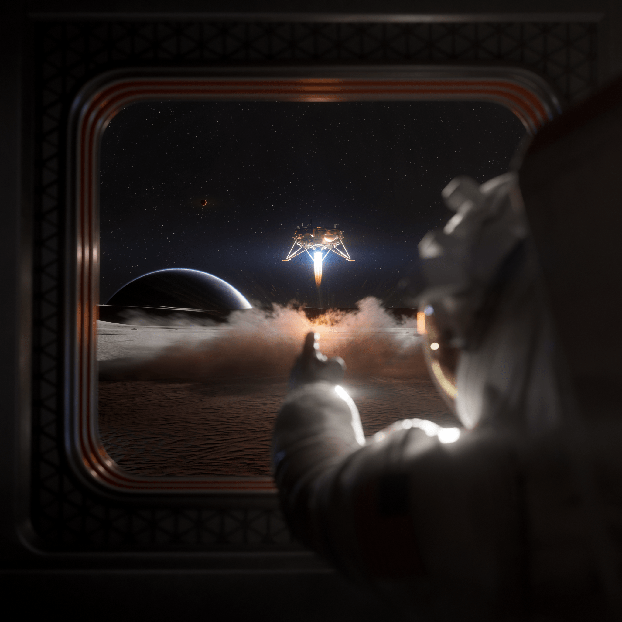 Artist's rendering of an astronaut looking through a habitat window as a lunar lander descends toward the Moon's surface, kicking up clouds of lunar dust. Earth appears low on the horizon against the blackness of space.
