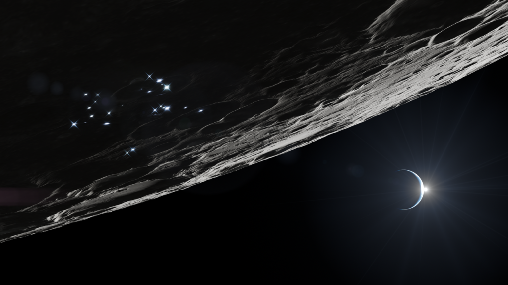 Artist’s rendering of the lunar South Pole showing rugged lunar terrain beneath a dark sky, with Earth visible above the horizon in the background.