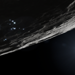 Artist’s rendering of the lunar South Pole showing rugged lunar terrain beneath a dark sky, with Earth visible above the horizon in the background.