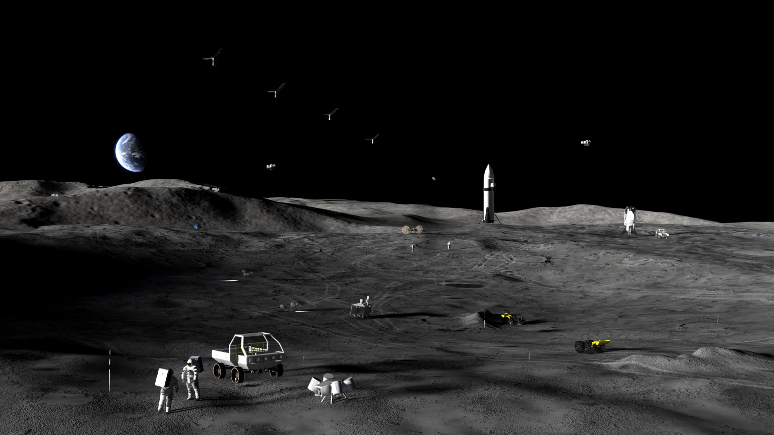 Artist’s rendering of conceptual Phase 1 Moon Base activities near the lunar South Pole showing astronauts, rovers, robotic systems, a lunar lander, and surface operations spread across the rugged lunar terrain, with Earth visible above the horizon and communications satellites orbiting overhead.