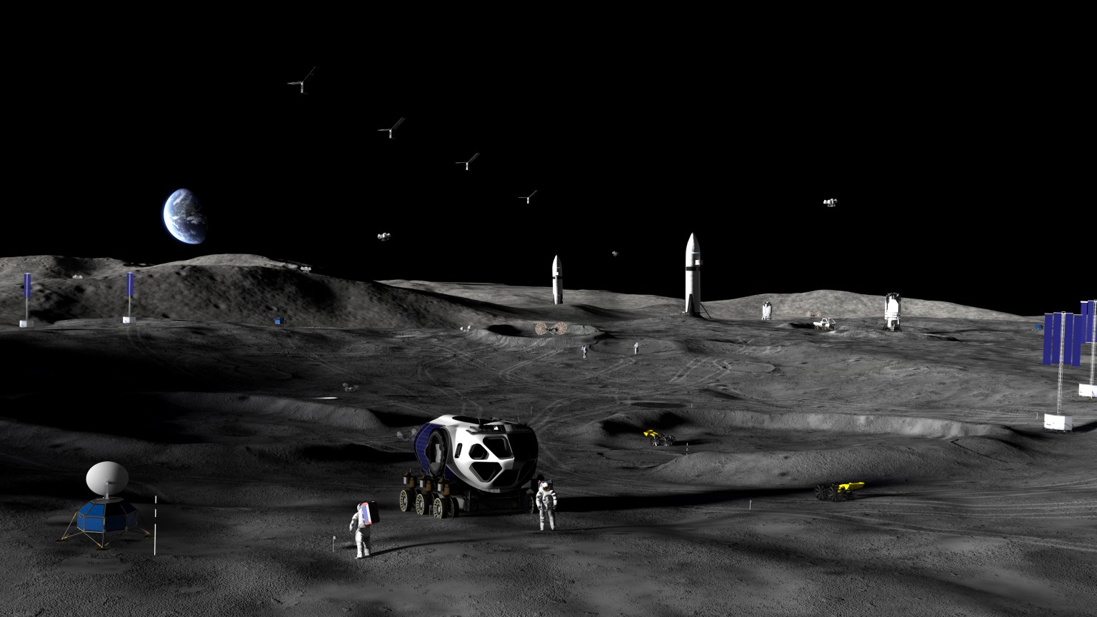 Artist’s rendering of conceptual Phase 2 Moon Base activities near the lunar South Pole showing astronauts, rovers, robotic systems, a lunar lander, and surface operations spread across the rugged lunar terrain, with Earth visible above the horizon and communications satellites orbiting overhead.