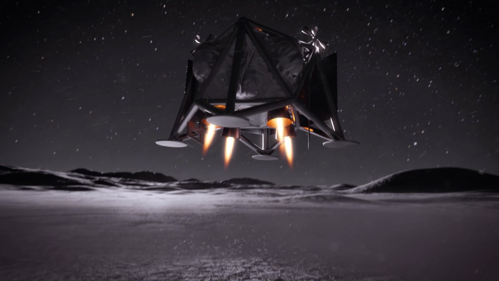 Artist's rendering depicting a box-shaped drone operating on the Moon.