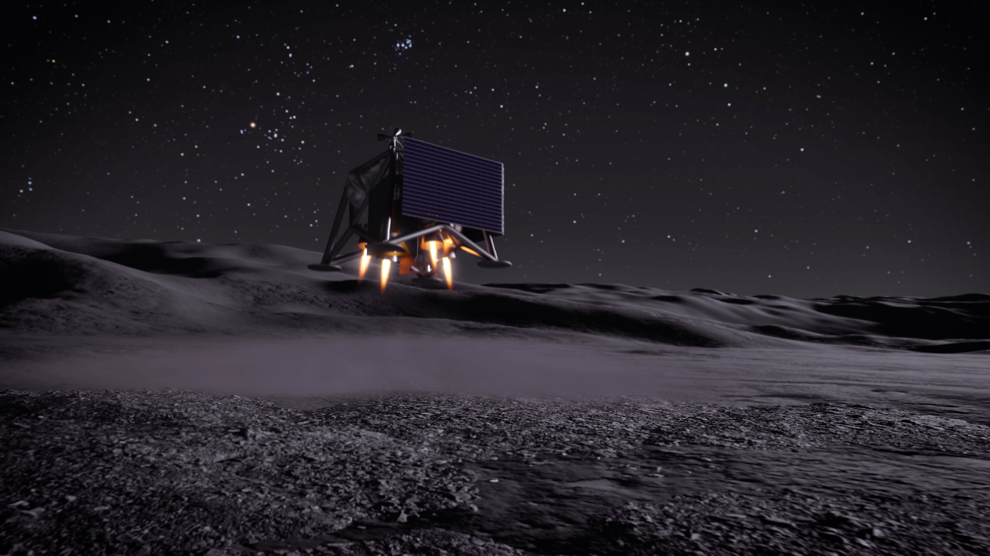 Artist’s rendering of a MoonFall drone operating near the lunar South Pole, showing a small robotic drone with solar panels resting on the Moon’s surface.