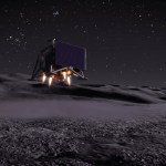 Artist’s rendering of a MoonFall drone operating near the lunar South Pole, showing a small robotic drone with solar panels resting on the Moon’s surface.