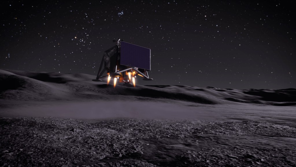 Artist’s rendering of a MoonFall drone operating near the lunar South Pole, showing a small robotic drone with solar panels resting on the Moon’s surface.