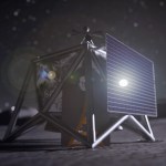 Artist’s rendering of a MoonFall drone operating near the lunar South Pole, showing a small robotic drone with solar panels resting on the Moon’s surface.