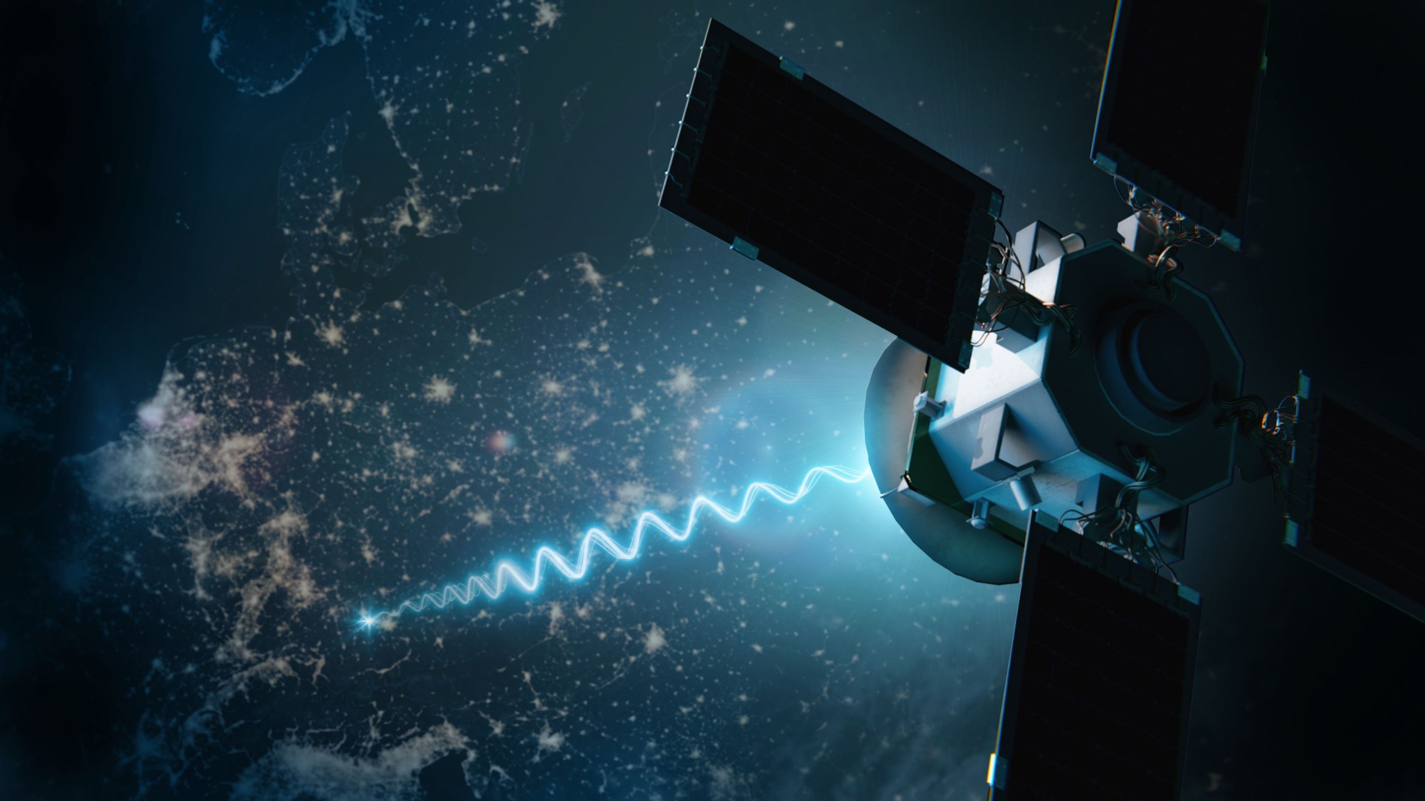 A satellite with four extended solar panels orbits above Earth at night, sending a glowing blue, zigzagging signal downward toward the planet’s illuminated surface. The dark space background contrasts with the bright city lights visible on Earth below.