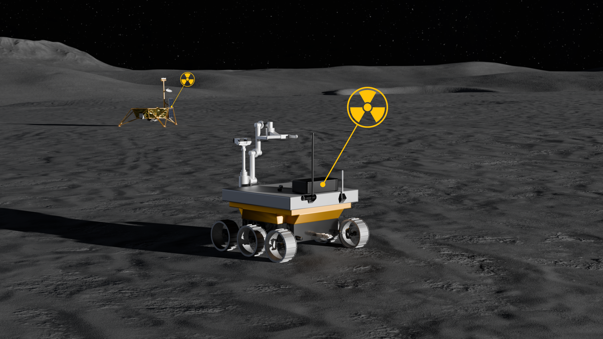 Artist’s rendering of a small robotic rover in the foreground and a hopper drone in the background operating on the lunar surface. Both vehicles are shown with highlighted symbols indicating radioisotope heating units (RHUs), which could help keep spacecraft systems warm during lunar nights and operations in heavily shadowed areas.