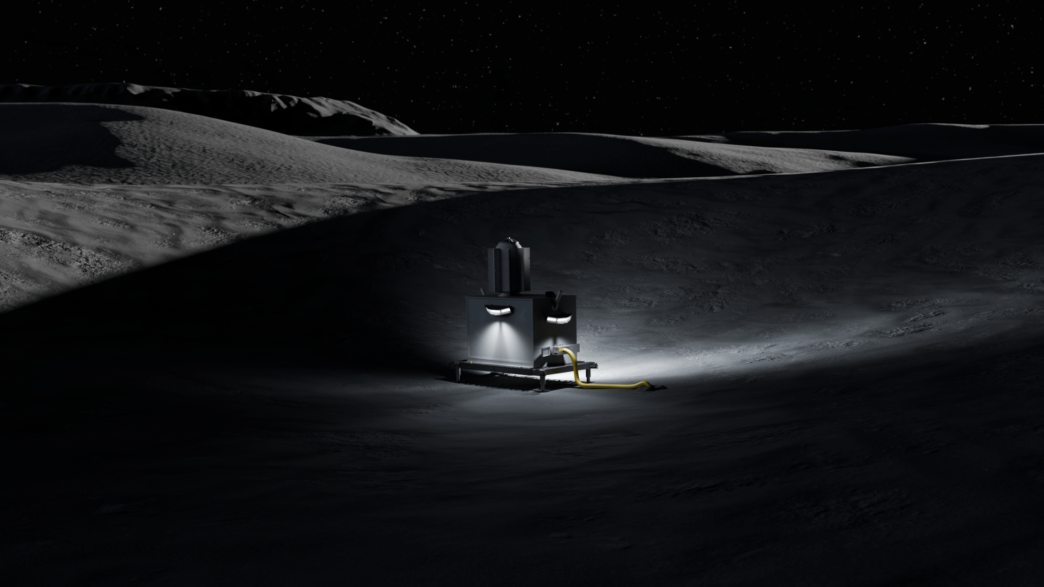 Artist’s rendering of a radioisotope thermoelectric generator (RTG) positioned on the dark lunar surface near the edge of a shadowed region. The box-shaped power system emits light onto the surrounding terrain and is connected to a cable.