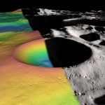 Artist’s rendering of Shackleton Crater near the lunar South Pole, with one half shown in grayscale imagery and the other overlaid with color-coded elevation data illustrating changes in terrain height across the crater and surrounding landscape.