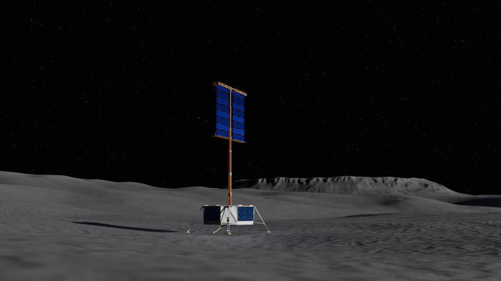 Artist’s rendering of a lunar surface power system with a tall vertical solar array mounted on a lander platform beneath a dark sky. The deployed solar panels stand above the surrounding terrain and are positioned on the Moon’s surface.