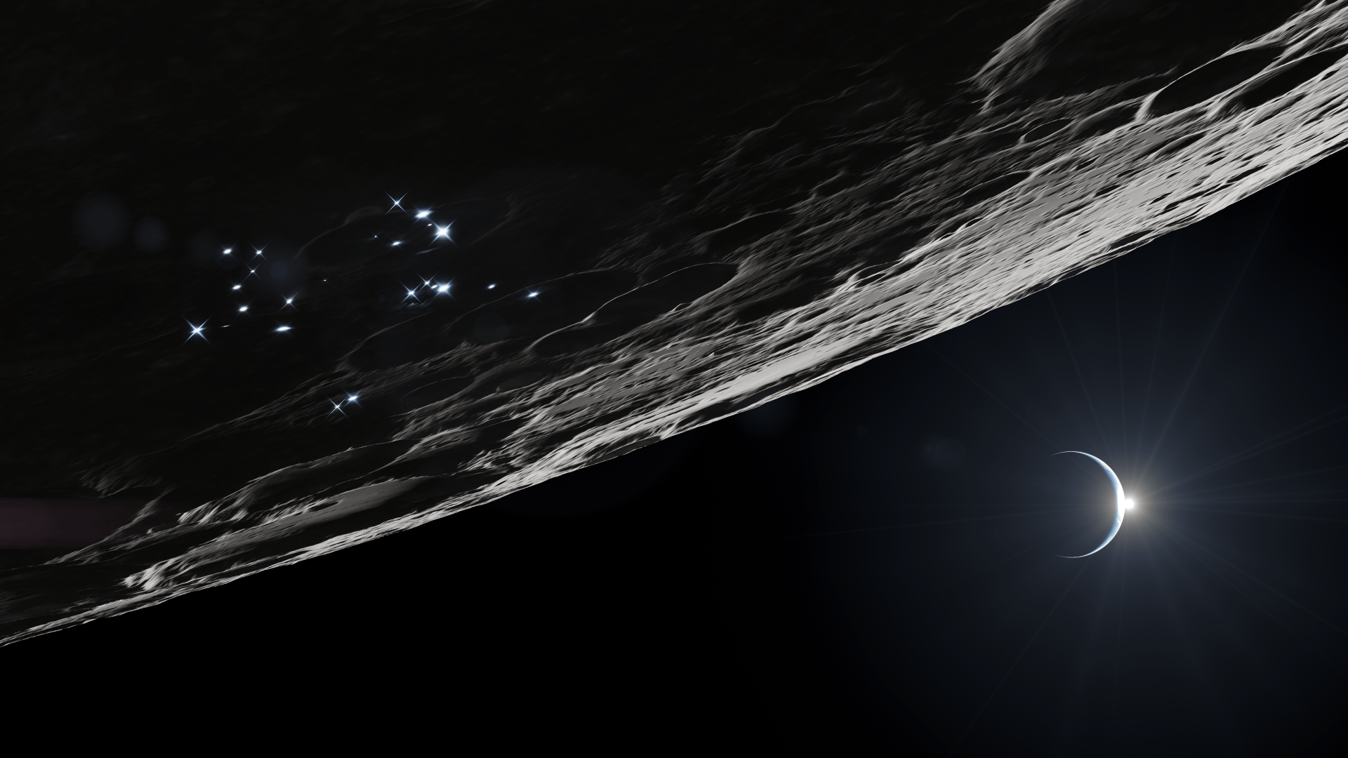 Artist’s rendering of the Moon’s South Pole. The Moon’s rugged surface is partially illuminated while deep shadows cover the surrounding terrain. Earth is visible in the distance against the blackness of space.