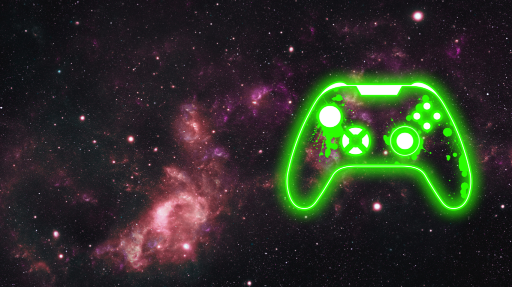 A white video game controller silhouette outlined in neon green with green paint splatters.