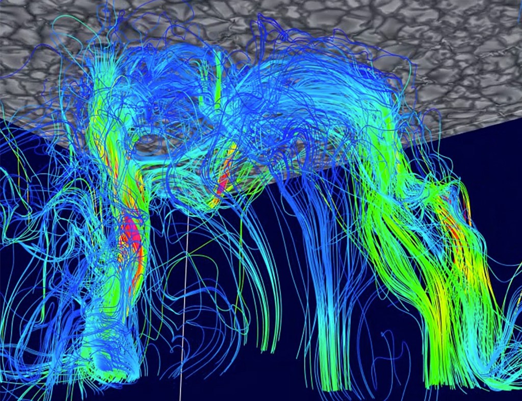 Snapshot of a magnetic loop emerging through the solar surface. Individual magnetic field lines are color-coded by the magnitude of the magnetic field. Convective up flows and down flows advect the magnetic field into these loop-like structures. Small convective motions near the surface shred the field into tiny filaments, while large convective motions deep under the surface produce the overall loop configuration. As the loop emerges through the solar surface, its vertical legs remain and produce the dark sunspot. Patrick Moran, NASA/Ames
