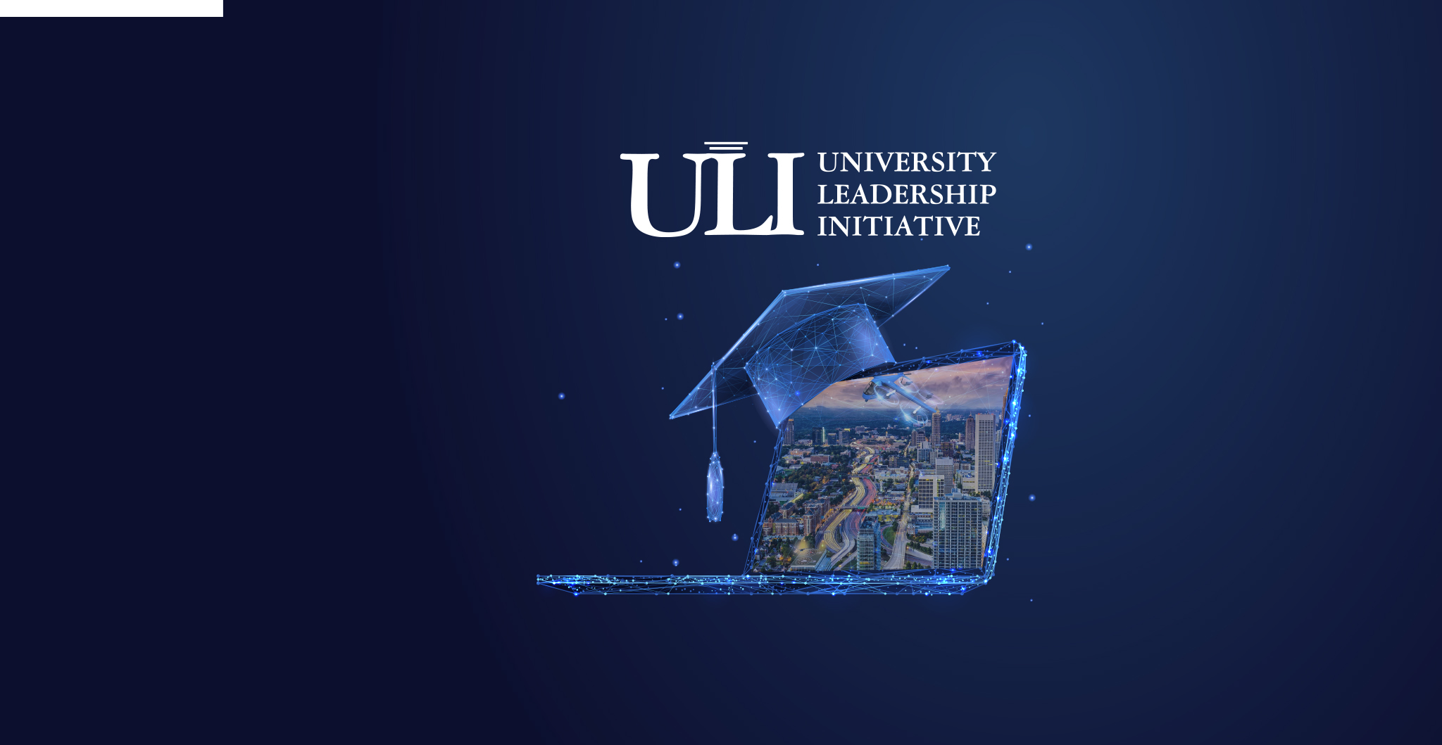 A university teams graphic showing a University Leadership Initiative headline over a graduation cap atop a laptop.