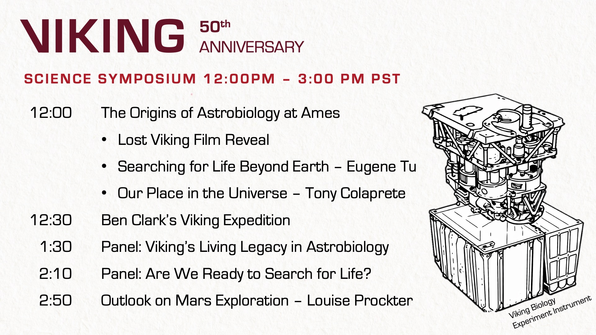 Agenda for the 50th anniversary of the NASA Project Viking, held at NASA Ames Research Center on July 20 ,2026. Shown in widescreen version.