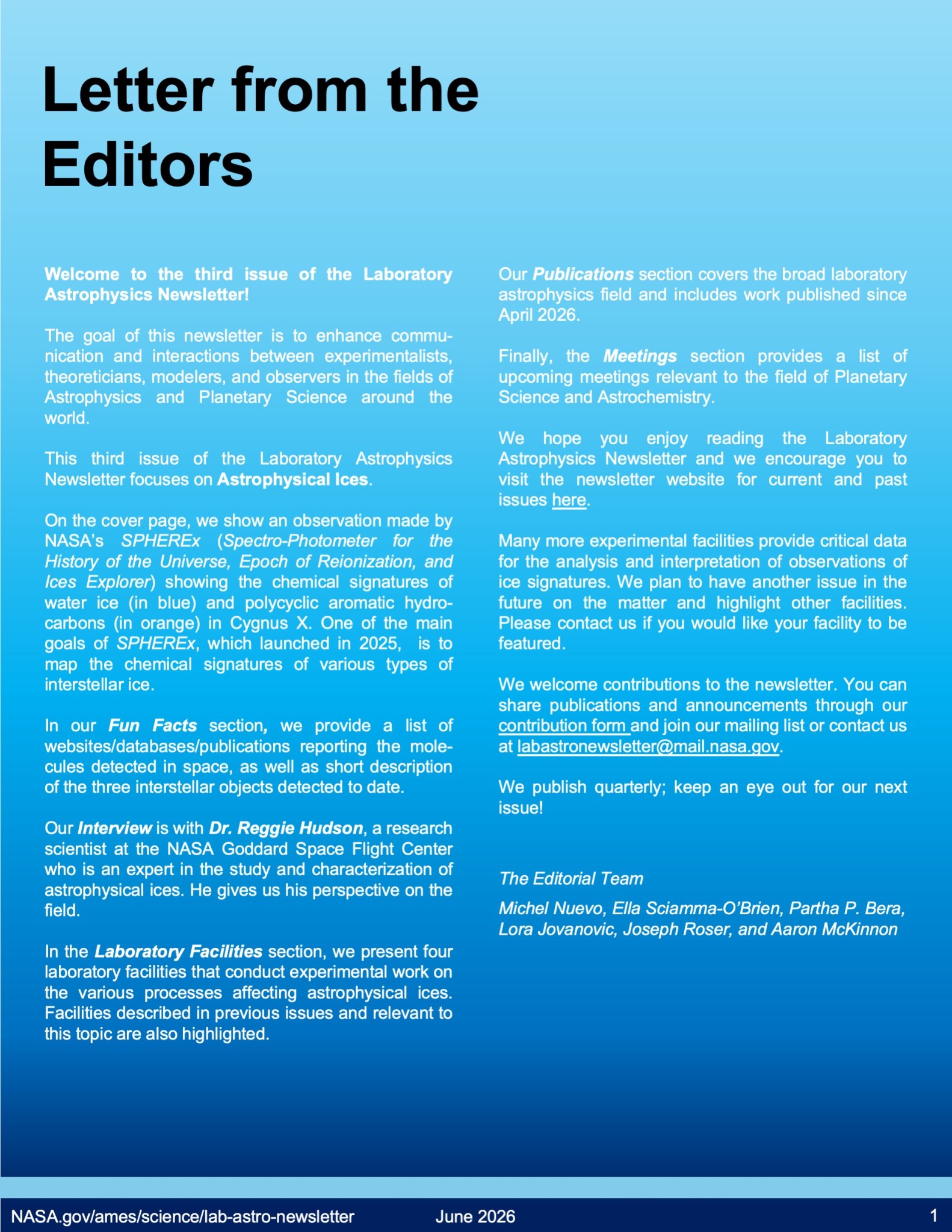 Laboratory Image of the Astrophysics Newsletter Issue number 3, with the theme Astrophysical Ices, page 1.