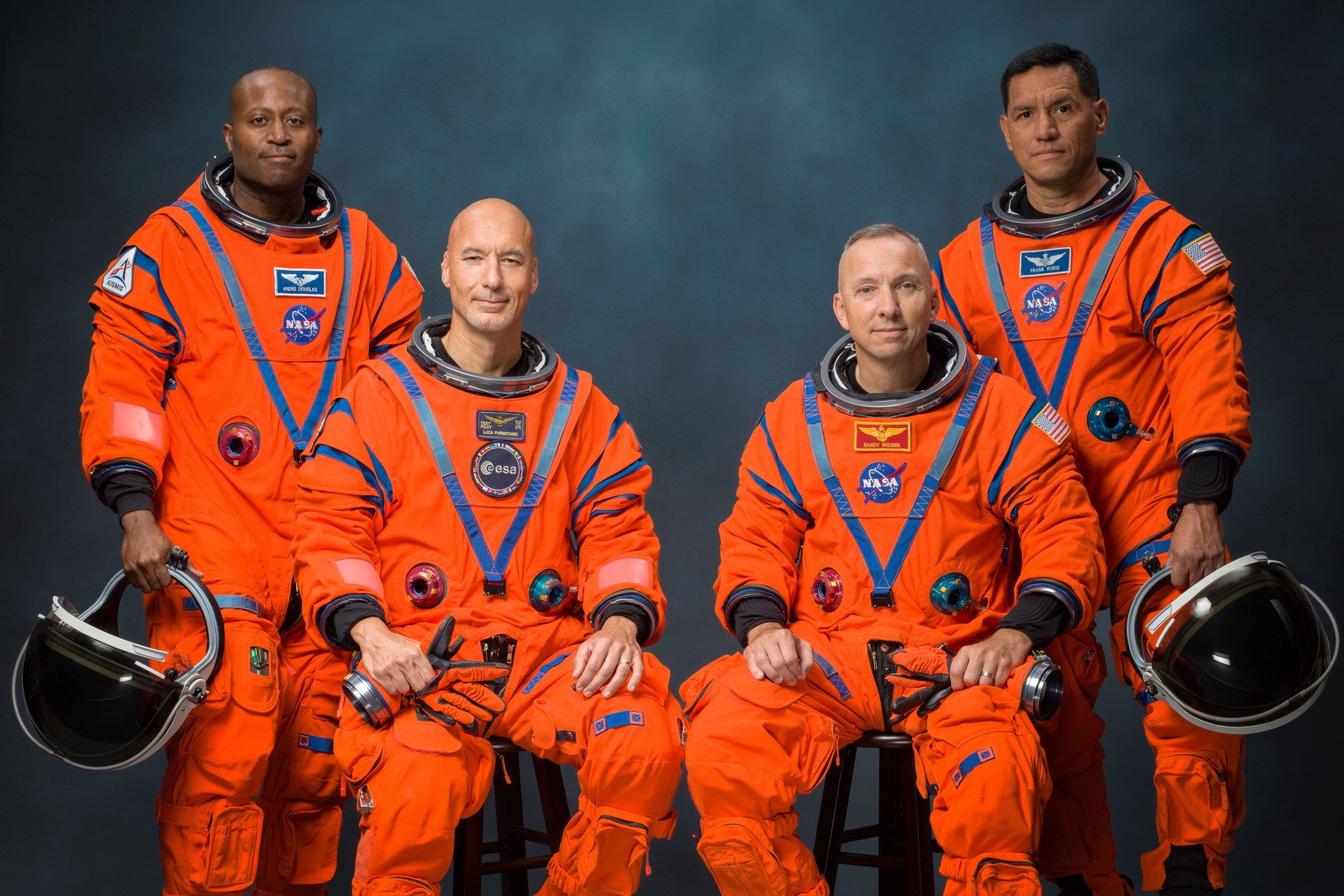 The Artemis III crew poses for an official portrait (from left: Andre Douglas, Luca Parmitano, Randy Bresnik, Frank Rubio).